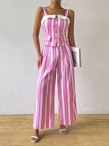 Women's Summer Striped Single-Breasted Strap Cami Top And Wide-Leg Pants Casual Two-Piece Set