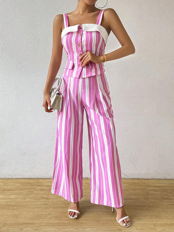 Women's Summer Striped Single-Breasted Strap Cami Top And Wide-Leg Pants Casual Two-Piece Set
