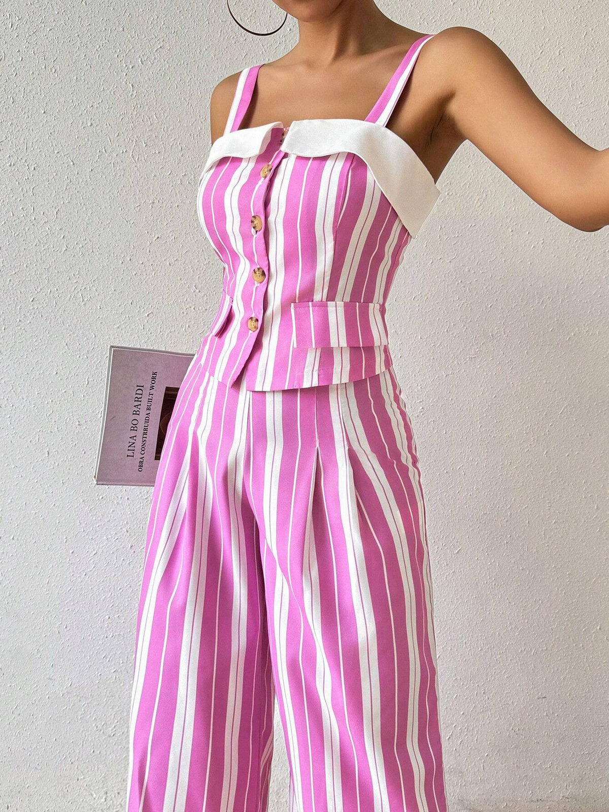 Women's Summer Striped Single-Breasted Strap Cami Top And Wide-Leg Pants Casual Two-Piece Set