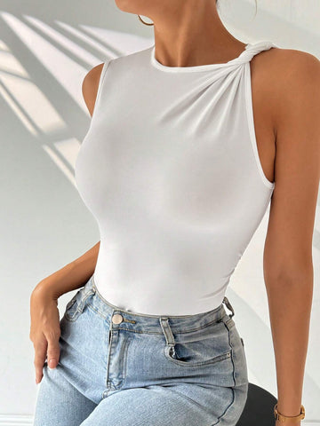 Women's Summer Twist Knot Wrinkle Bodycon Sleeveless Bodysuit For Daily Wear, Vacation, Date, Party, Music Festival