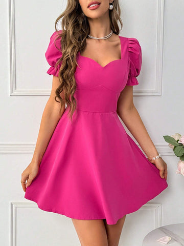 Women's Summer Wedding Daily Elegant Holiday Date INS Music Festival A-Line Dress With Sweetheart Neckline, Puff Sleeves, Waist Tie And Pleats For An Elegant Summer Look