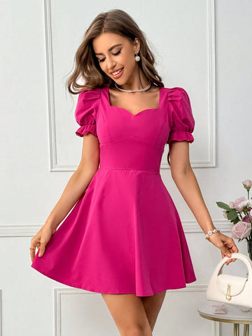 Women's Summer Wedding Daily Elegant Holiday Date INS Music Festival A-Line Dress With Sweetheart Neckline, Puff Sleeves, Waist Tie And Pleats For An Elegant Summer Look
