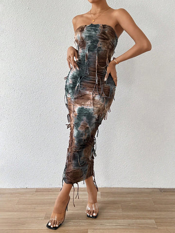 Women's Tie-Dye And Distressed Strapless Dress
