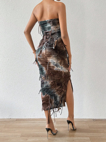 Women's Tie-Dye And Distressed Strapless Dress