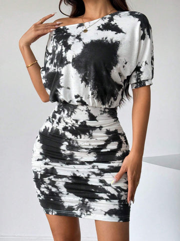 Women's Tie-Dye Slant Shoulder Asymmetric Slim Short Dresses,Tie-Dye Pattern,Slant Shoulder