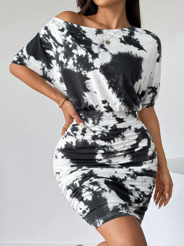 Women's Tie-Dye Slant Shoulder Asymmetric Slim Short Dresses,Tie-Dye Pattern,Slant Shoulder