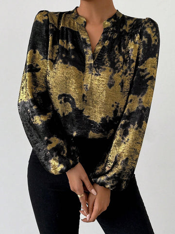 Privé Women's Tie-Dye Tie Dye Metallic Print Long Sleeve Fashion Blouse