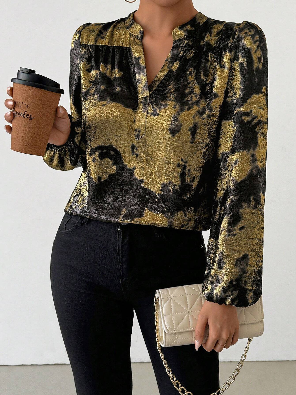 Privé Women's Tie-Dye Tie Dye Metallic Print Long Sleeve Fashion Blouse