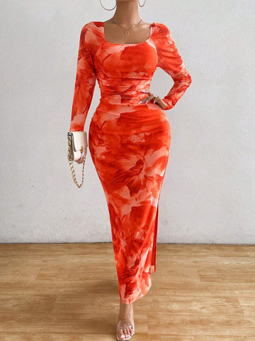 Women's Tie Dye Off Shoulder Ruched Bodycon Dress With Thigh High Slit For Summer