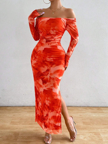 Women's Tie Dye Off Shoulder Ruched Bodycon Dress With Thigh High Slit For Summer