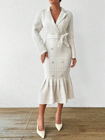 Women's Turn-Down Collar Long Sleeve Waistband Elegant Wool Blend Dress
