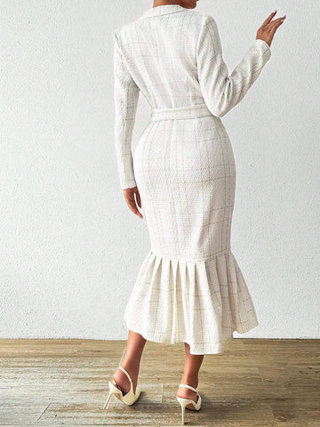 Women's Turn-Down Collar Long Sleeve Waistband Elegant Wool Blend Dress