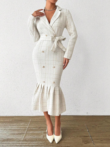 Women's Turn-Down Collar Long Sleeve Waistband Elegant Wool Blend Dress
