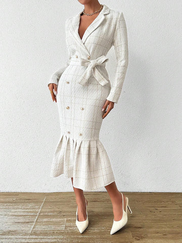 Women's Turn-Down Collar Long Sleeve Waistband Elegant Wool Blend Dress