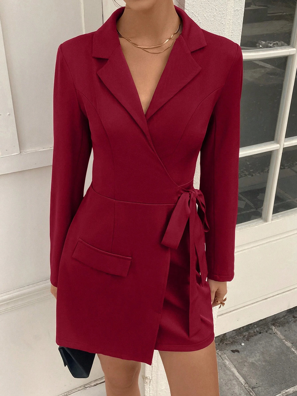 Women's Turndown Collar Long Sleeve False Flap Decor Waist Tie Belted Slim Fit Fashion Dress