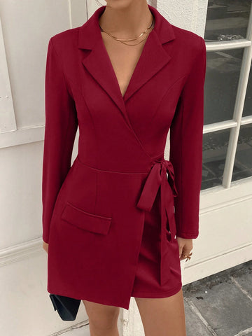 Women's Turndown Collar Long Sleeve False Flap Decor Waist Tie Belted Slim Fit Fashion Dress