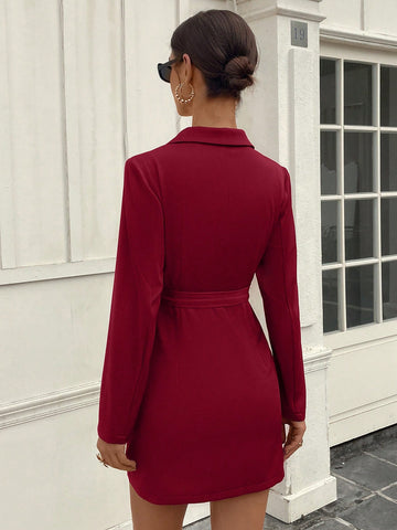 Women's Turndown Collar Long Sleeve False Flap Decor Waist Tie Belted Slim Fit Fashion Dress