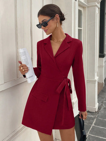 Women's Turndown Collar Long Sleeve False Flap Decor Waist Tie Belted Slim Fit Fashion Dress