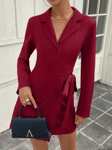 Women's Turndown Collar Long Sleeve False Flap Decor Waist Tie Belted Slim Fit Fashion Dress