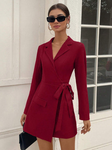 Women's Turndown Collar Long Sleeve False Flap Decor Waist Tie Belted Slim Fit Fashion Dress