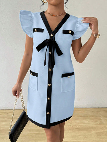 Women's Tweed Contrast Collar Tie Knot Lantern Sleeve Straight Mini Dress, Summer-Autumn