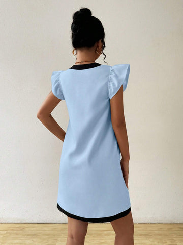 Women's Tweed Contrast Collar Tie Knot Lantern Sleeve Straight Mini Dress, Summer-Autumn