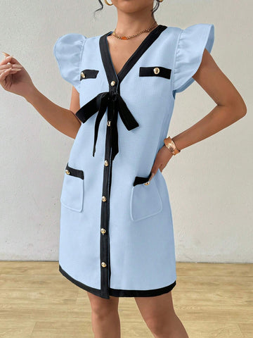 Women's Tweed Contrast Collar Tie Knot Lantern Sleeve Straight Mini Dress, Summer-Autumn