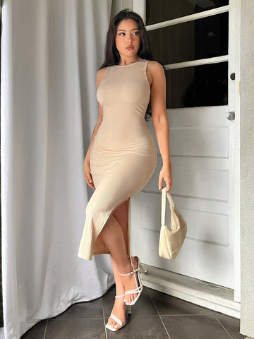 Women's Twist Front Round Neck High Slit Backless Bodycon Elegant Maxi Dress