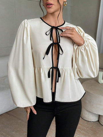 Privé Women's Two-Tone Butterfly Knot Peplum Top With Lantern Sleeves