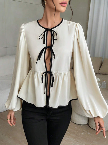 Privé Women's Two-Tone Butterfly Knot Peplum Top With Lantern Sleeves