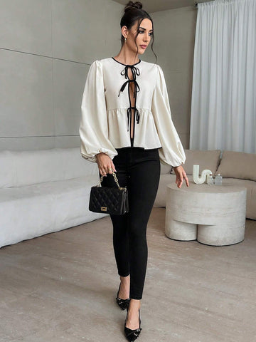 Privé Women's Two-Tone Butterfly Knot Peplum Top With Lantern Sleeves