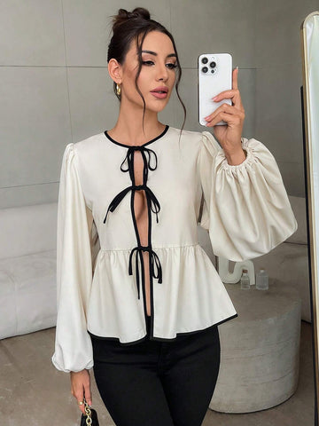 Privé Women's Two-Tone Butterfly Knot Peplum Top With Lantern Sleeves