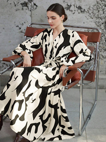 Women's V-Neck Floral Print Lantern Sleeve Dress, Black Floral On White Background, For Fall/Winter