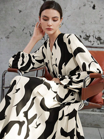 Women's V-Neck Floral Print Lantern Sleeve Dress, Black Floral On White Background, For Fall/Winter