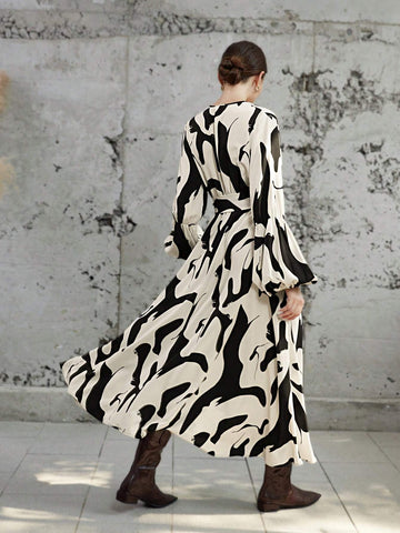 Women's V-Neck Floral Print Lantern Sleeve Dress, Black Floral On White Background, For Fall/Winter