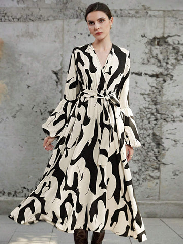 Women's V-Neck Floral Print Lantern Sleeve Dress, Black Floral On White Background, For Fall/Winter