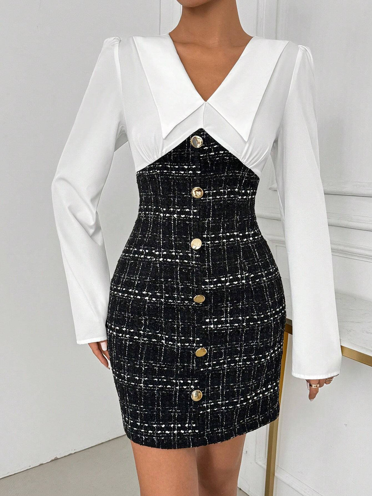 Women's V-Neck Long Sleeve Button Plaid Bodycon Chic Trendy Dress