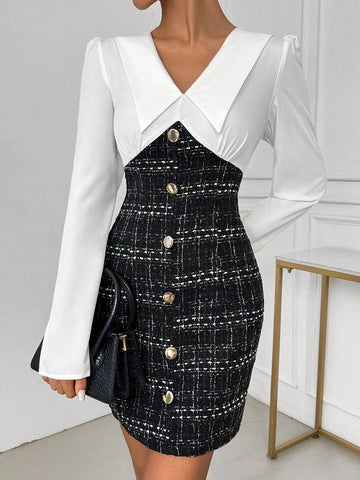 Women's V-Neck Long Sleeve Button Plaid Bodycon Chic Trendy Dress