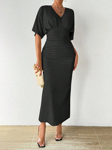 Women's V-Neck Pleated Batwing Sleeve Dress
