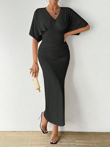 Women's V-Neck Pleated Batwing Sleeve Dress