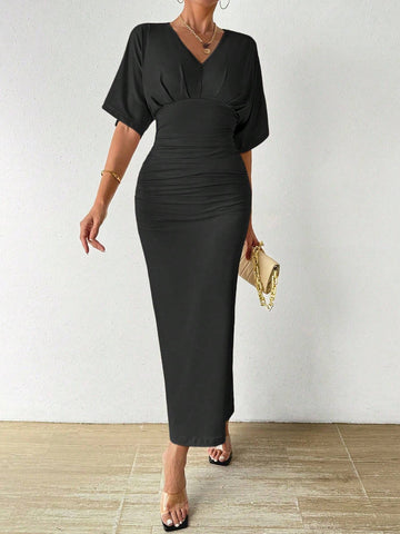 Women's V-Neck Pleated Batwing Sleeve Dress