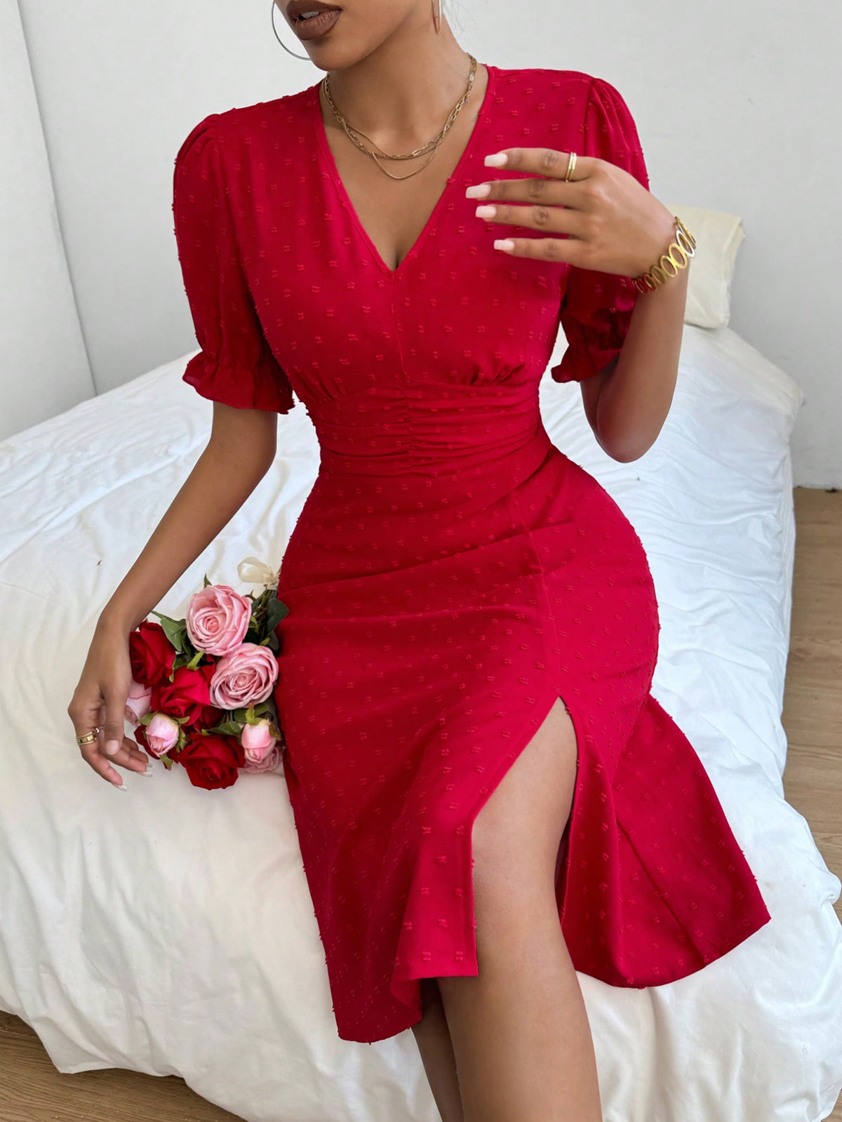 Women's V-Neck Puff Sleeve Slit Dress