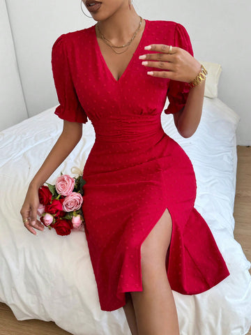 Women's V-Neck Puff Sleeve Slit Dress