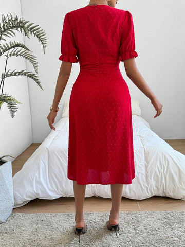 Women's V-Neck Puff Sleeve Slit Dress