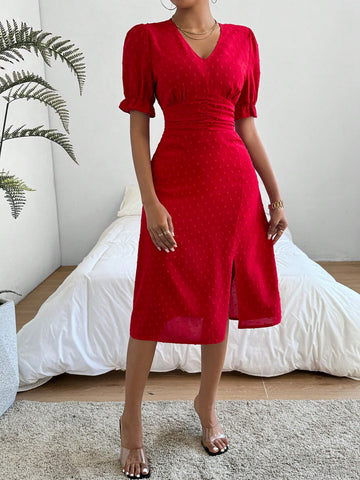 Women's V-Neck Puff Sleeve Slit Dress