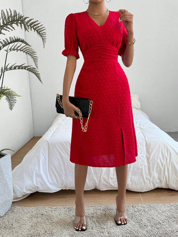 Women's V-Neck Puff Sleeve Slit Dress