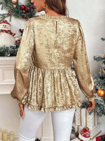 Privé Women's V-Neck Ruffle Trim Cinched Waist Gold Foil Long Sleeve Blouse, Autumn/Winter