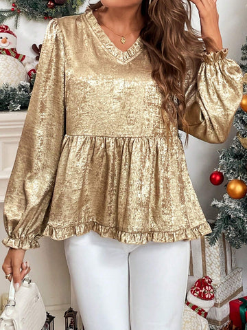 Privé Women's V-Neck Ruffle Trim Cinched Waist Gold Foil Long Sleeve Blouse, Autumn/Winter