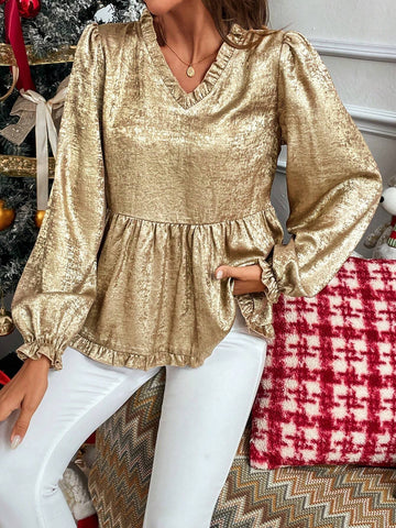 Privé Women's V-Neck Ruffle Trim Cinched Waist Gold Foil Long Sleeve Blouse, Autumn/Winter
