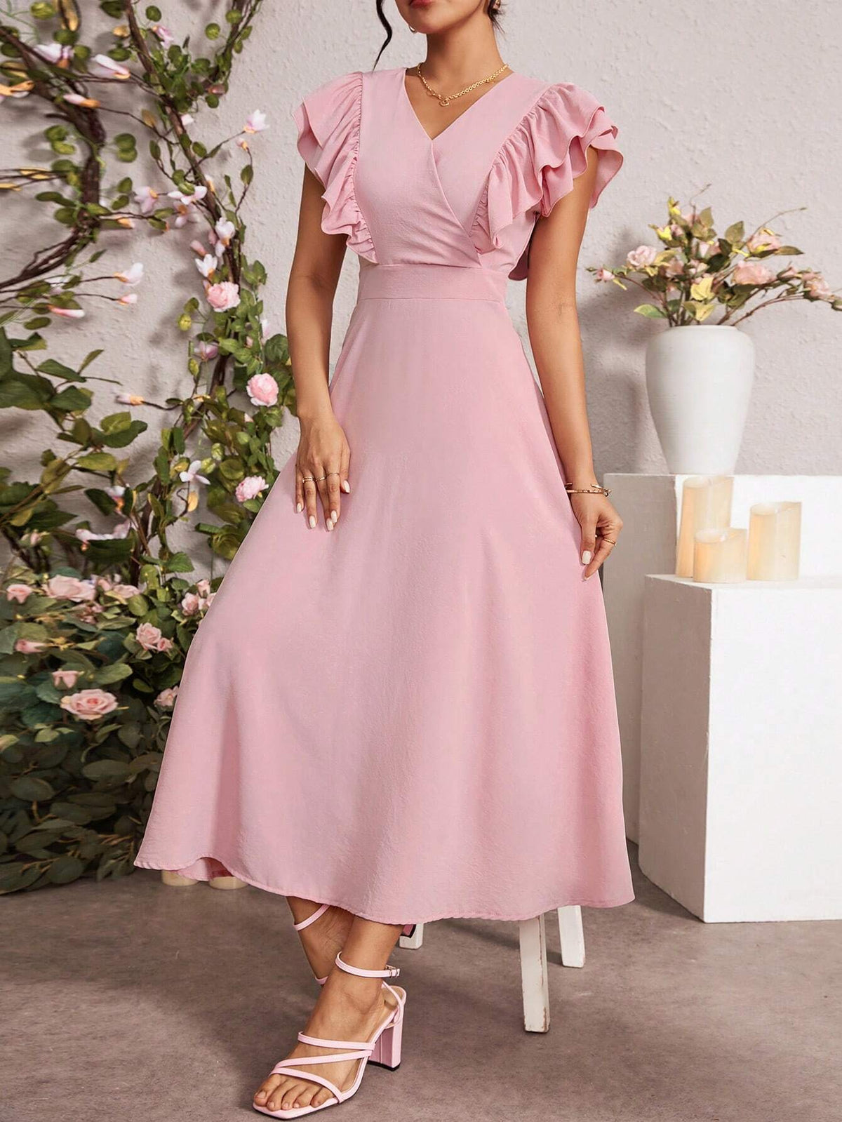 Women's V-Neck Splicing And Ruffles Edge Design Dress